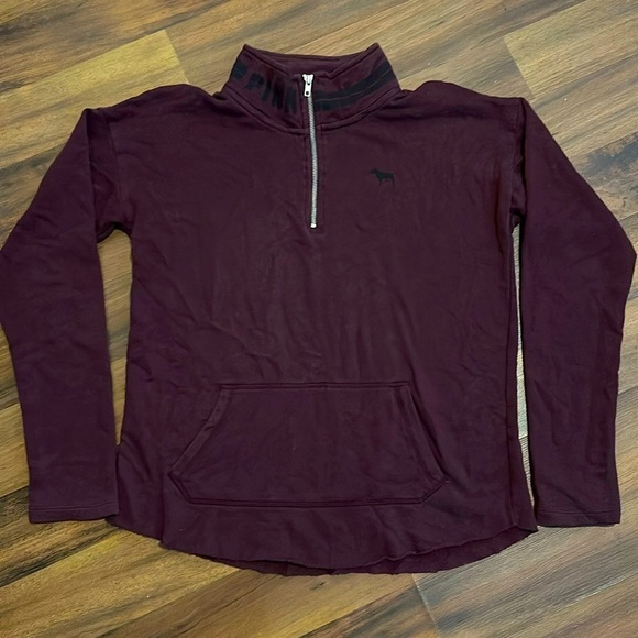 PINK Victoria's Secret Tops - PINK by Victoria Secret 1/2 Zip Pullover Fleece-Burgundy with Black logos Medium